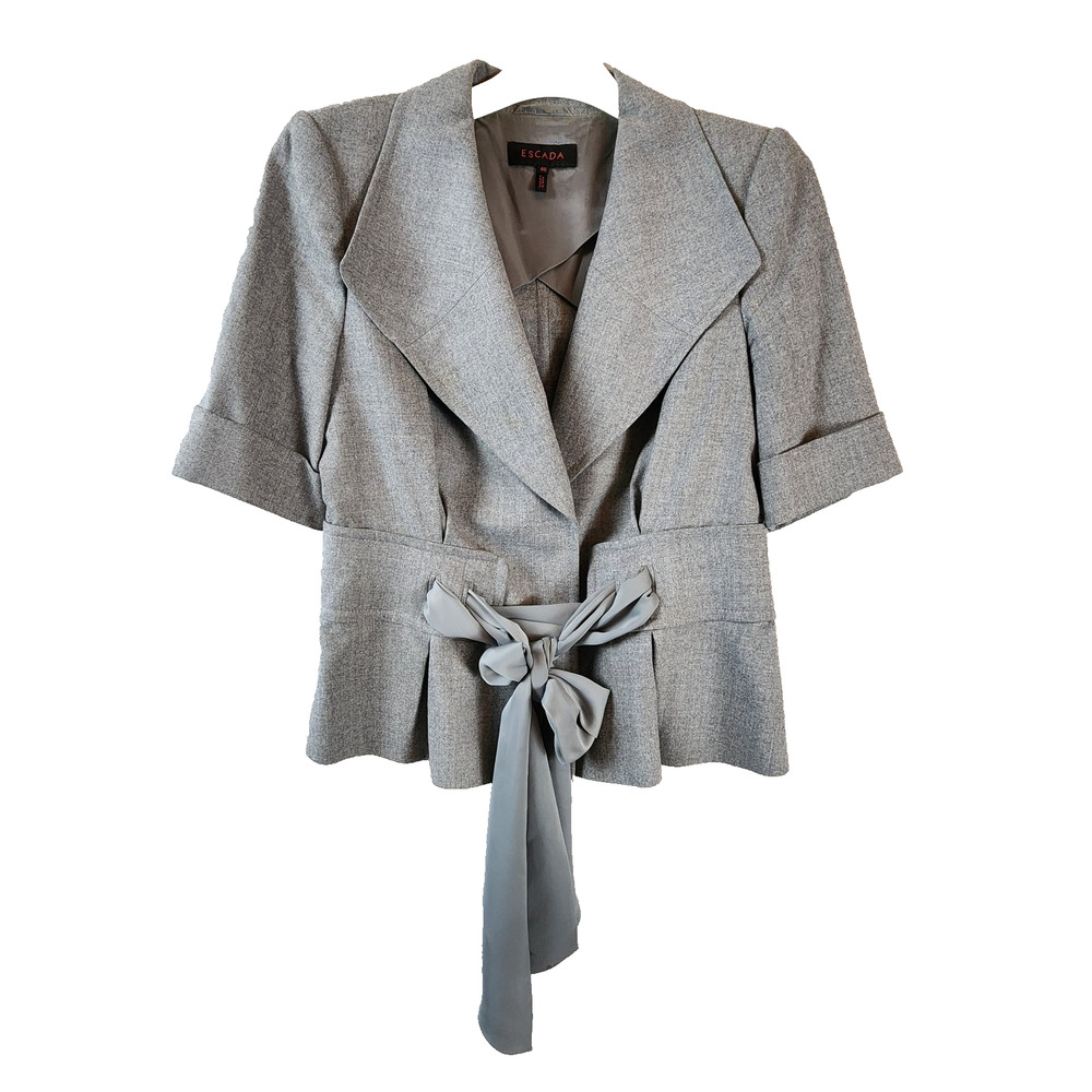 Escada Short Sleeve Belted Jacket Women Bow Waist Size 10 Gray Wool